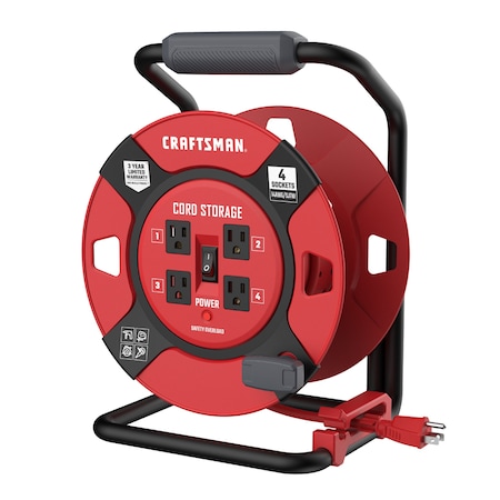 Craftsman Cord Reel With Hand Lamp, Hand Operated, 14 AWG, Red Reel Color, 1 ft Length, 4 Outlets CMXCRPA1401